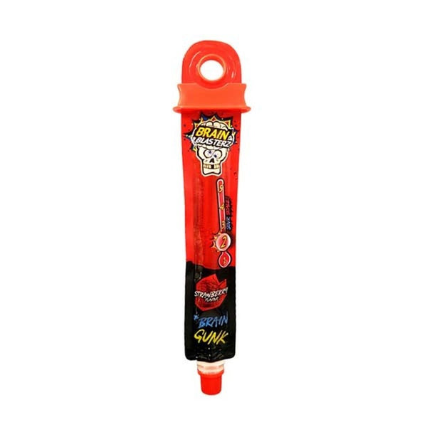 Un tube rouge et noir sur fond blanc avec en haut une tête de squelette qui louche et son cerveau qui explose. Et en bas une fraise rouge
