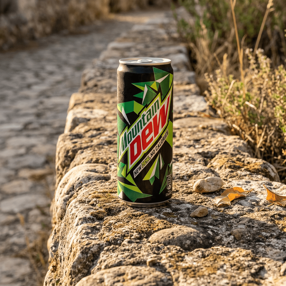 La canette Montain Dew est posée sur un muret en pierres, lumière de fin de journée – disponible sur My American Shop