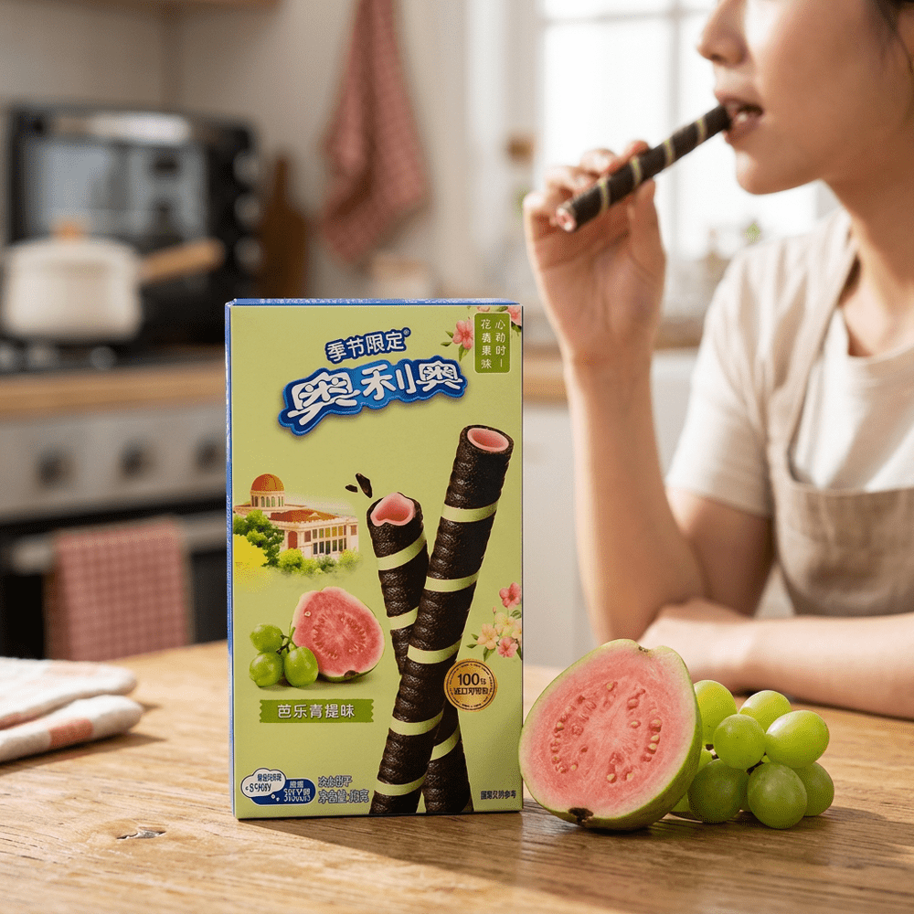 Le paquet de biscuits Oreo Crispy Roll Guava Green Grape est posé sur une table de cuisine en bois à côté d’une goyave coupée en deux et d’une grappe de raisins verts ; en arrière-plan, une femme porte à sa bouche un biscuit roulé et tient le paquet ouvert dans sa main – disponible sur My American Shop