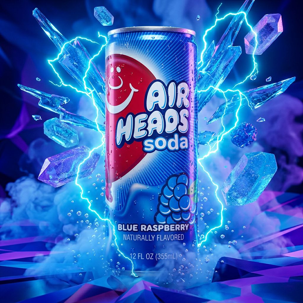 Airheads Soda Blue Raspberry, canette de soda gazeux américain saveur framboise bleue, disponible sur My American Shop