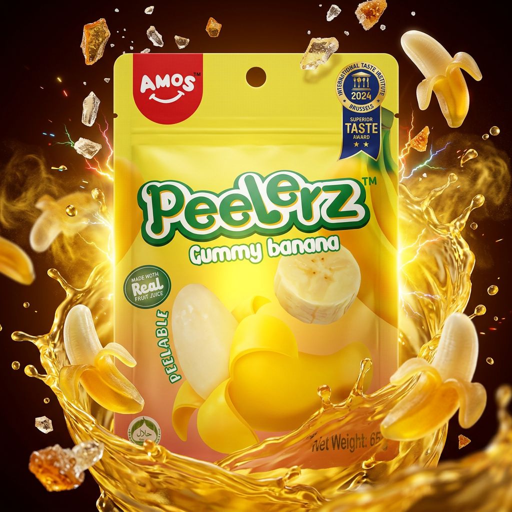 Amos Peelerz Gummy Banana, bonbon gummy saveur banane mûre format sachet, disponible sur My American Shop