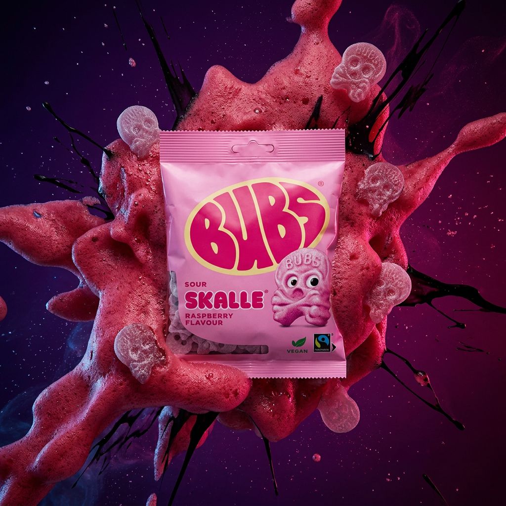 Bubs Godis Cool Foam Skulls Raspberry, bonbons mousse framboise têtes de mort suédois, disponible sur My American Shop