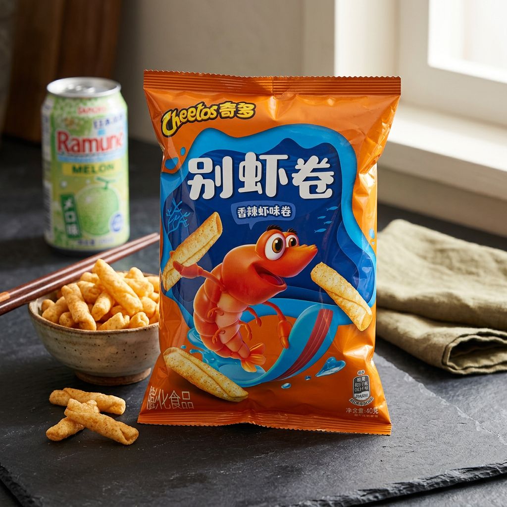 Cheetos Spicy Shrimp Flavored Rolls, snack croquant saveur crevette épicée, format tubulaire importé, disponible sur My American Shop