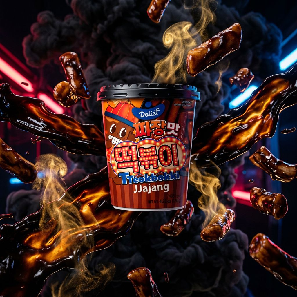 Delief Tteobokki Cup Jjajang, snack coréen instantané sauce soja noire, disponible sur My American Shop