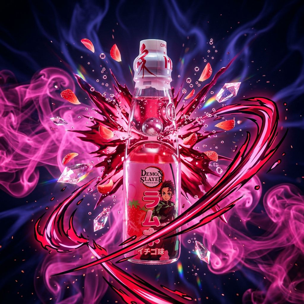 Ramune Hatakosen Fraise édition Demon Slayer, soda japonais en bouteille verre avec bille, disponible sur My American Shop