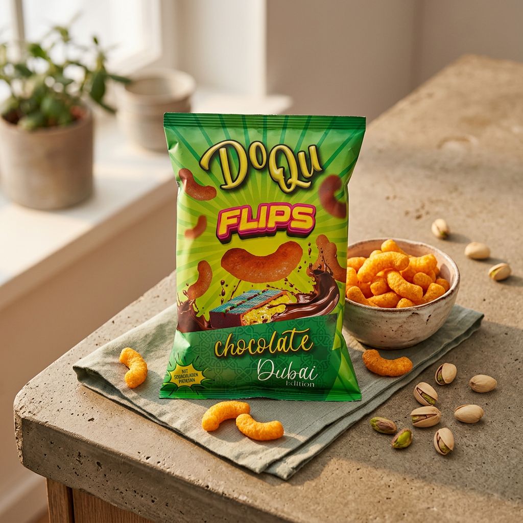 Doqu Flips Dubai Chocolate, snack soufflé pistache et cacao tendance, disponible sur My American Shop