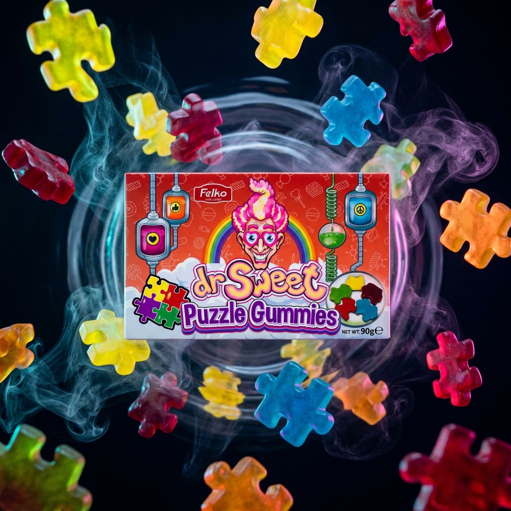Dr Sweet Gummies Puzzle, bonbons américains gélifiés en forme de puzzle, colorés et brillants, disponible sur My American Shop
