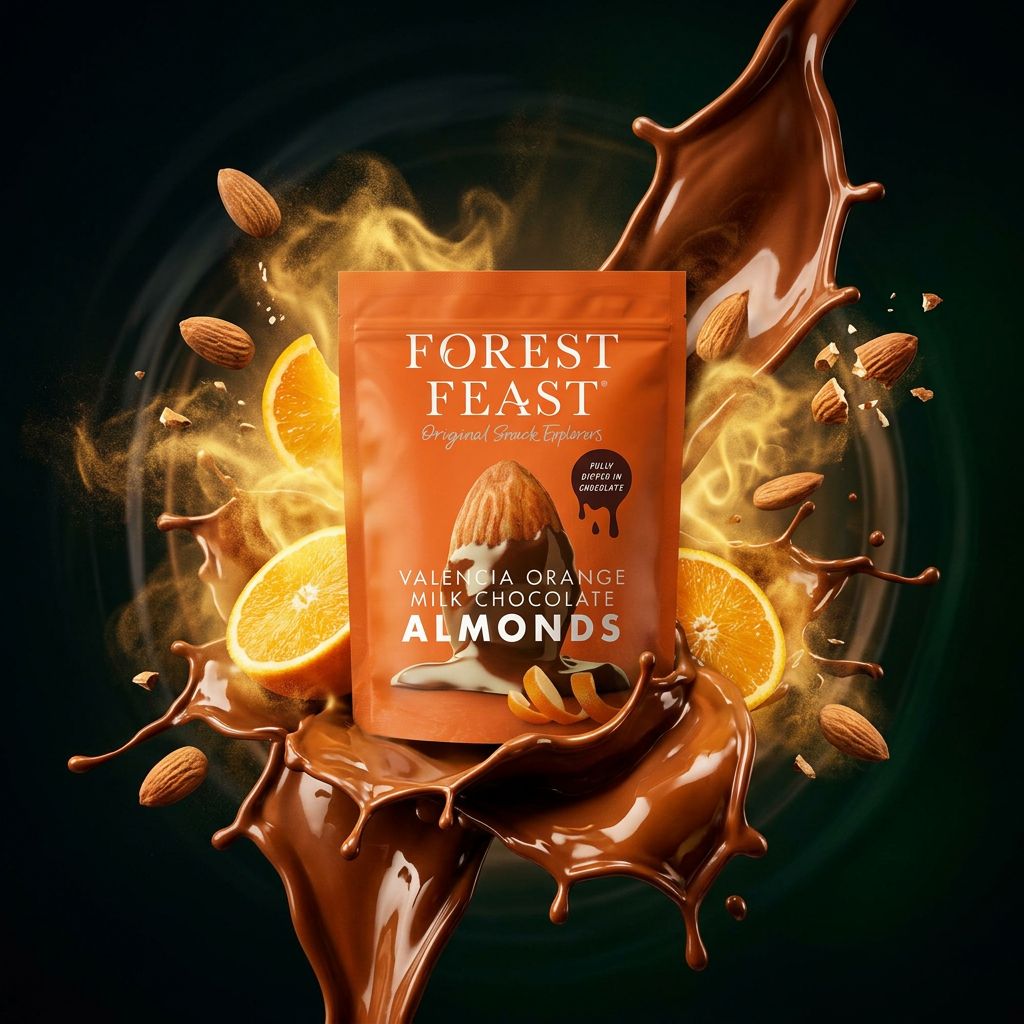 Forest Feast amandes chocolat au lait belge orange de Valence, snack premium irlandais, disponible sur My American Shop