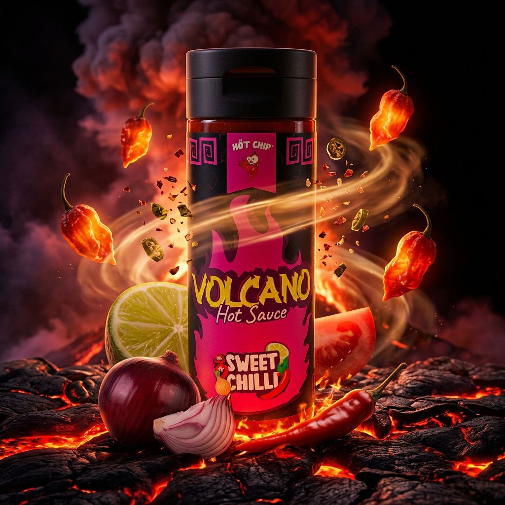Hot Chip Volcano Sweet Chili Hot Sauce au Naga Bhut, sauce piquante sucrée-épicée, disponible sur My American Shop