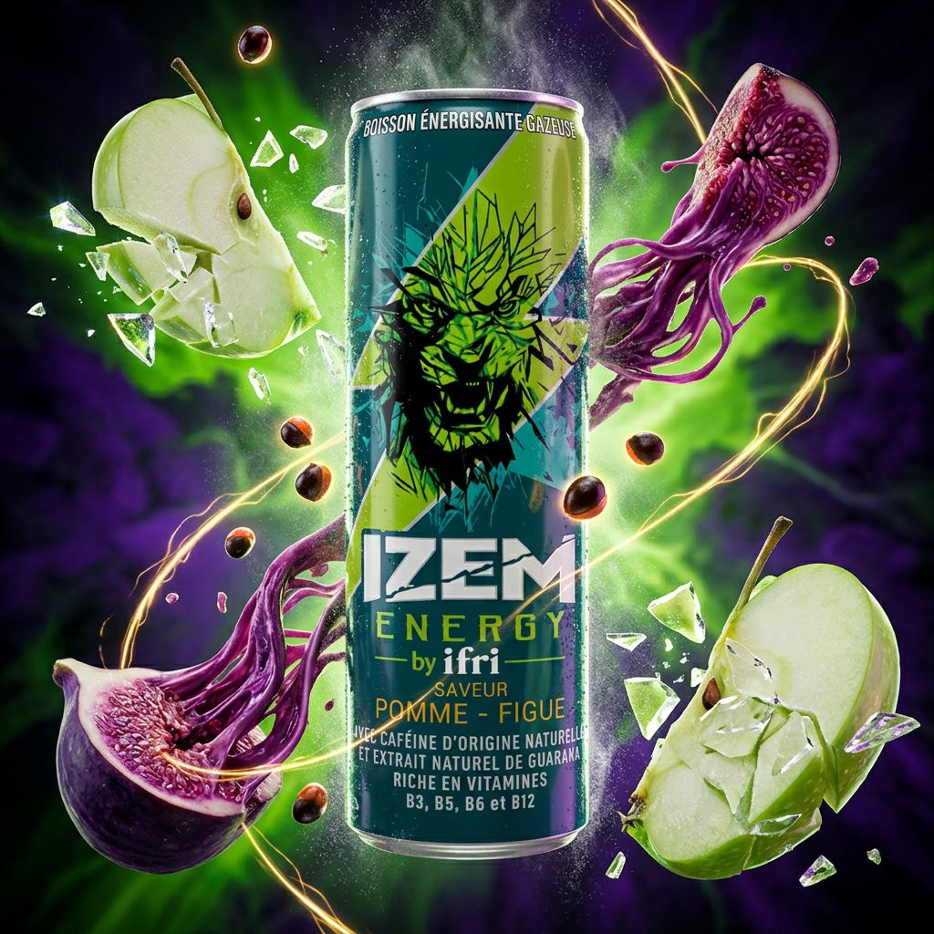 Izem Apple & Fig, energy drink gazéifié pomme-figue en canette, disponible sur My American Shop