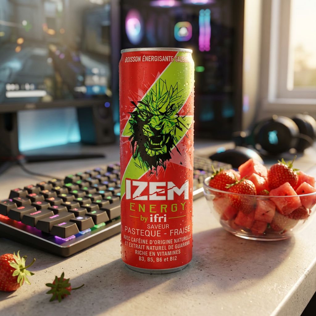 Canette Izem Watermelon Strawberry 250ml, energy drink pastèque fraise importé, disponible sur My American Shop