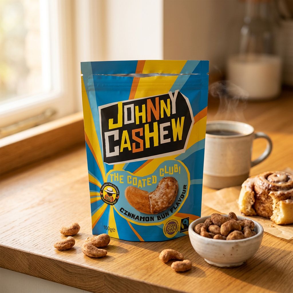 Johnny Cashew Cinnamon Bun, noix de cajou enrobées cannelle et chocolat blanc, snack américain premium, disponible sur My American Shop