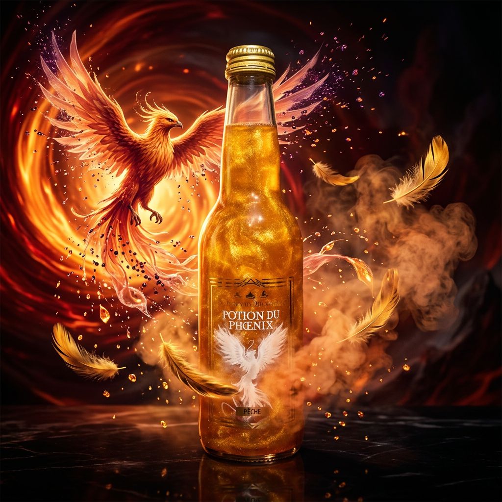 Potion du Phoenix L'Elixir des 3 Sorciers, boisson pêche collector fantasy, disponible sur My American Shop