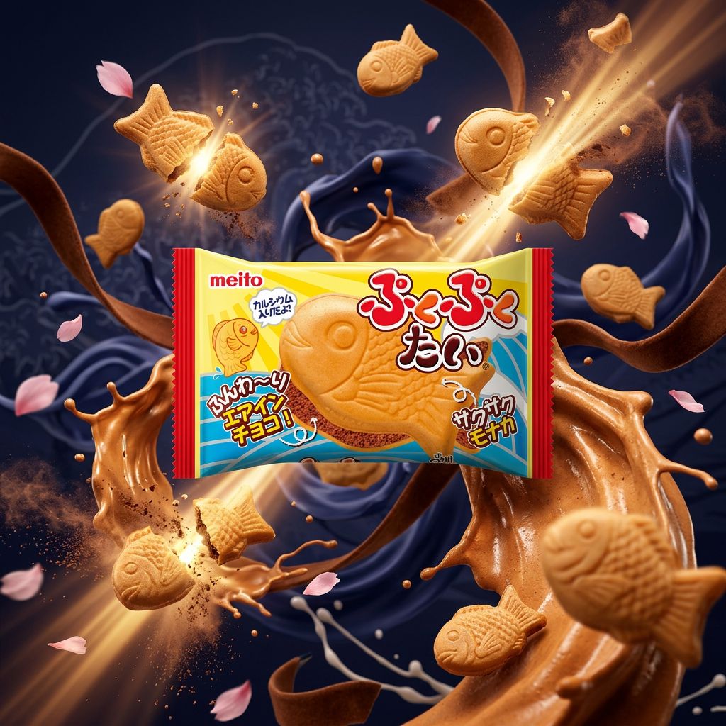 Meito Puku Puku Tai Chocolate, biscuit japonais forme poisson fourré mousse chocolat, disponible sur My American Shop