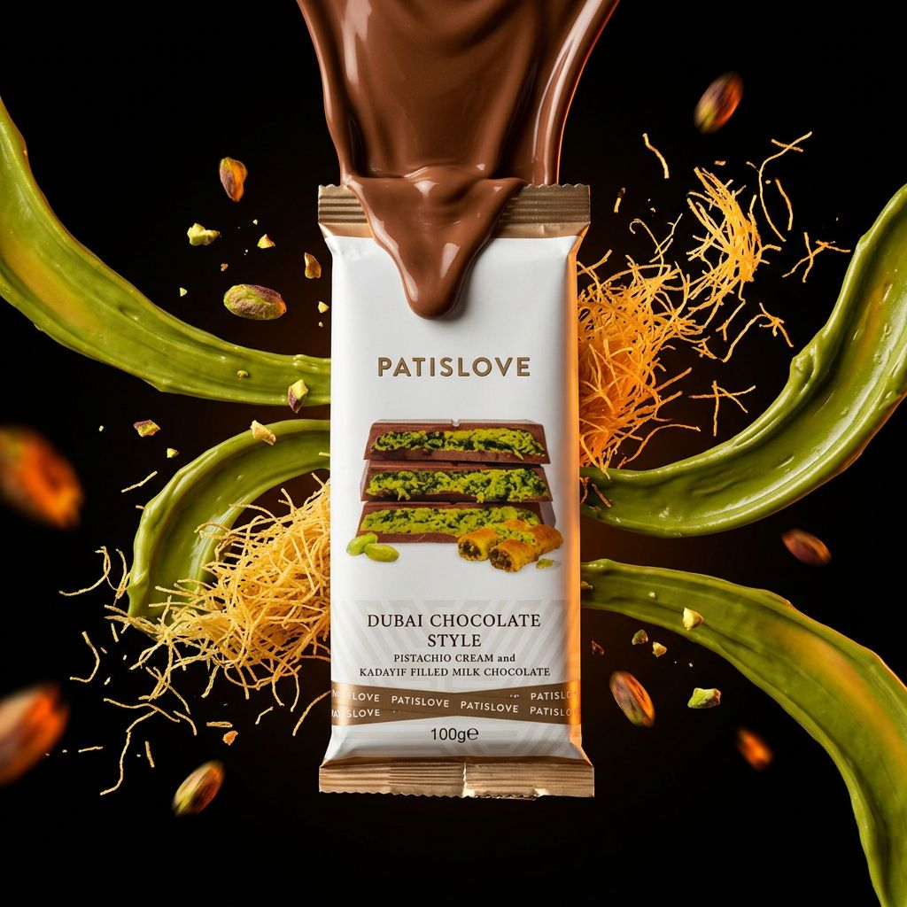 Patislove Dubai Chocolate lait pistache kadayif, tablette premium orientale, disponible sur My American Shop
