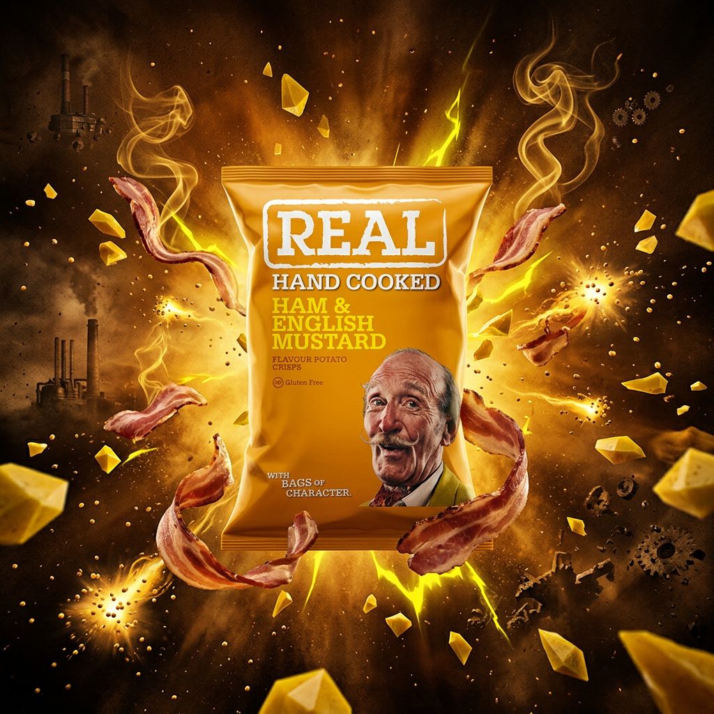 Chips Real Crisp jambon moutarde anglaise, snack premium britannique en sachet, disponible sur My American Shop