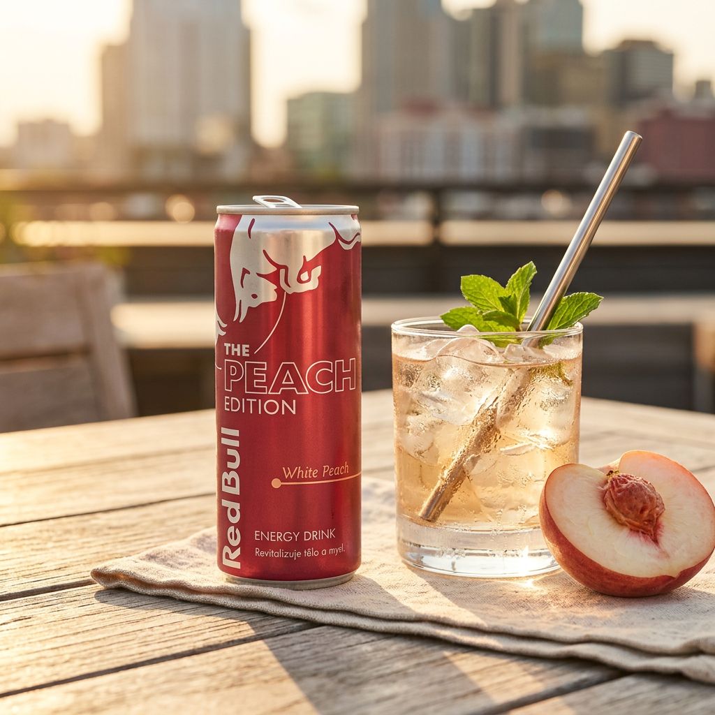 Red Bull Peach Edition White Peach 250ml, boisson énergisante autrichienne saveur pêche blanche, disponible sur My American Shop