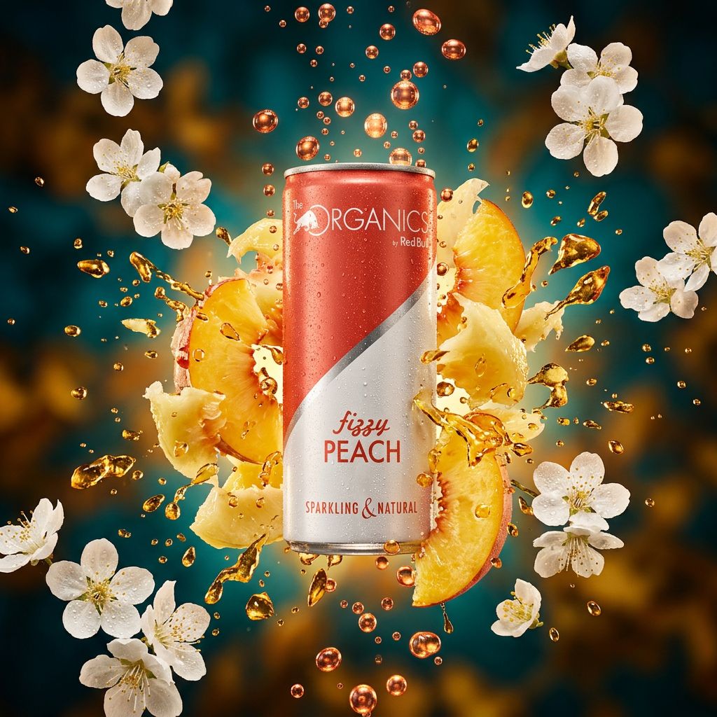 Red Bull Organics Fizzy Peach, canette boisson gazeuse bio saveur pêche naturelle, disponible sur My American Shop