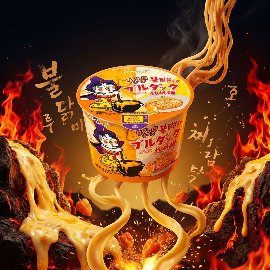 Samyang 4 Flavors Cheese Fire Chicken Noodle, ramen coréen épicé fromage, format instantané, disponible sur My American Shop