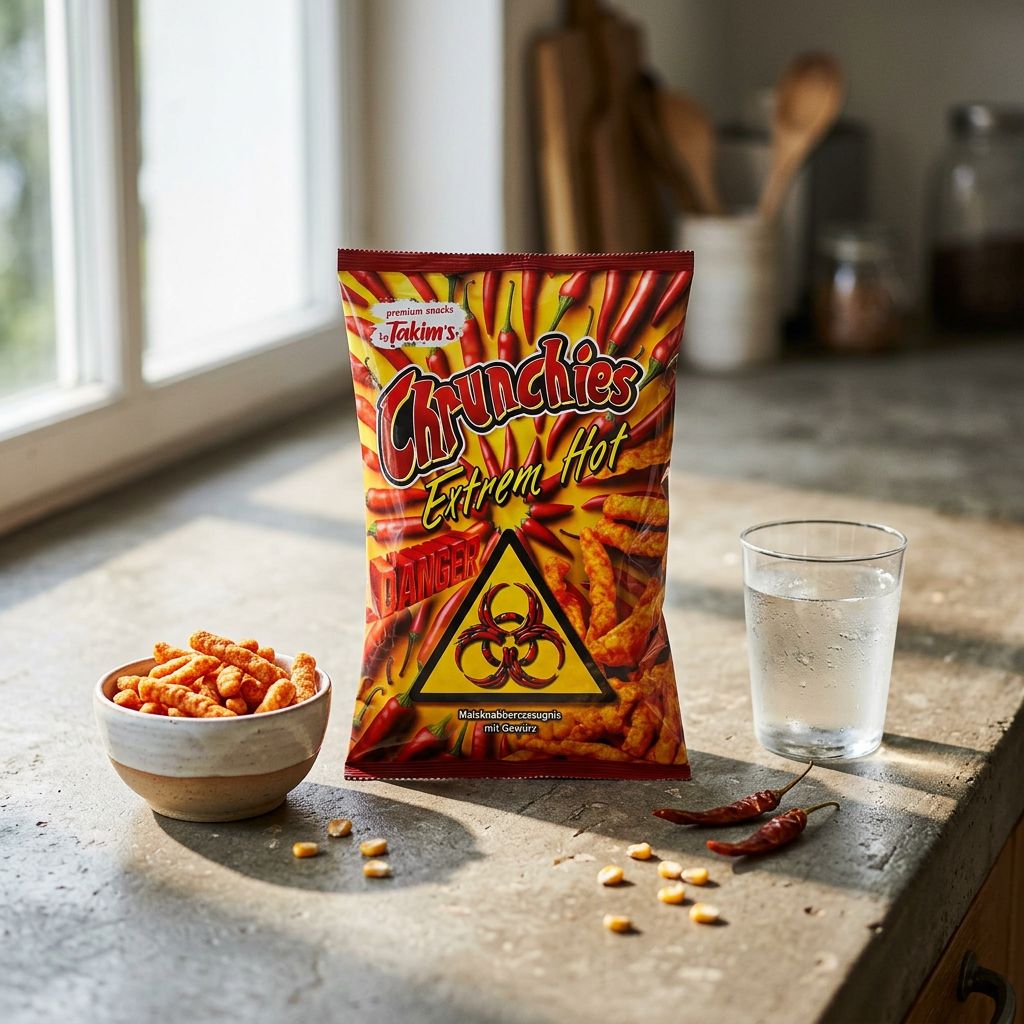 Takim's Chrunchies Extreme Hot, snack soufflé maïs épicé américain, disponible sur My American Shop