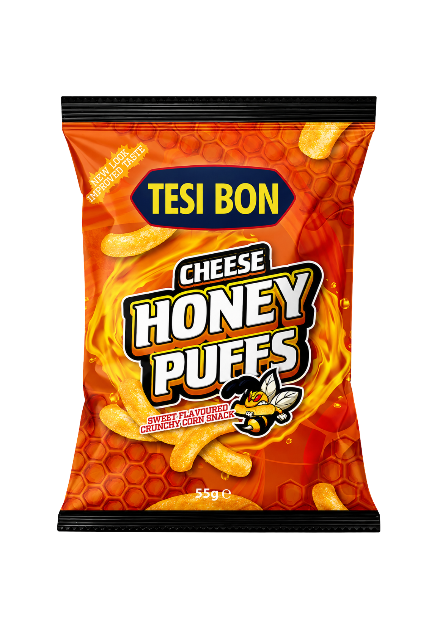 Tesi Bon Honey Puffs Cheese, soufflés snack fromage et miel cuits au four, packaging jaune doré
