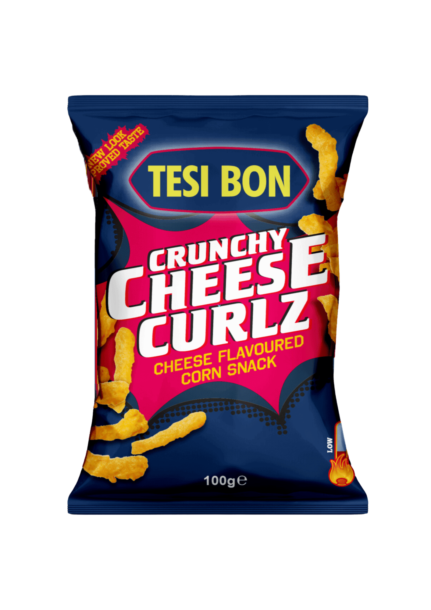 Tesi Bon Crunchy Cheese Curlz, boucles snack fromage croquantes cuites au four, packaging orange vif