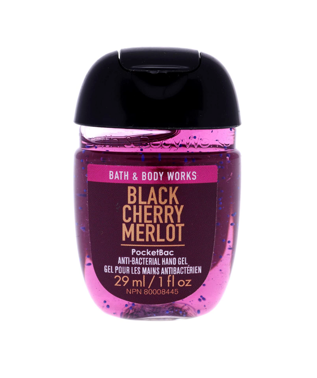 Un emballage transparent rempli d’un gel mauve avec des billes bleues et ayant un couvercle noir, le tout sur fond blanc
