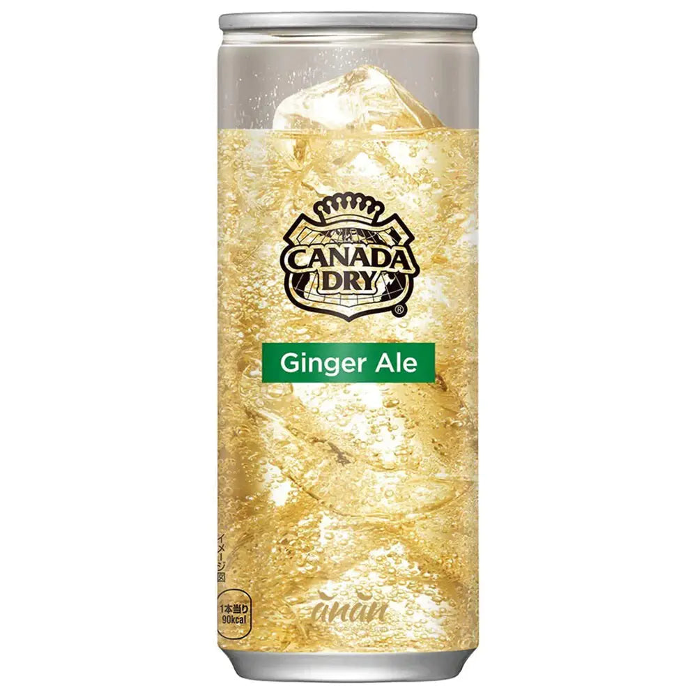 Une longue canette avec une boisson gazeuse de couleur jaune et la carte du Canada sur un badge noir, le tout sur fond blanc