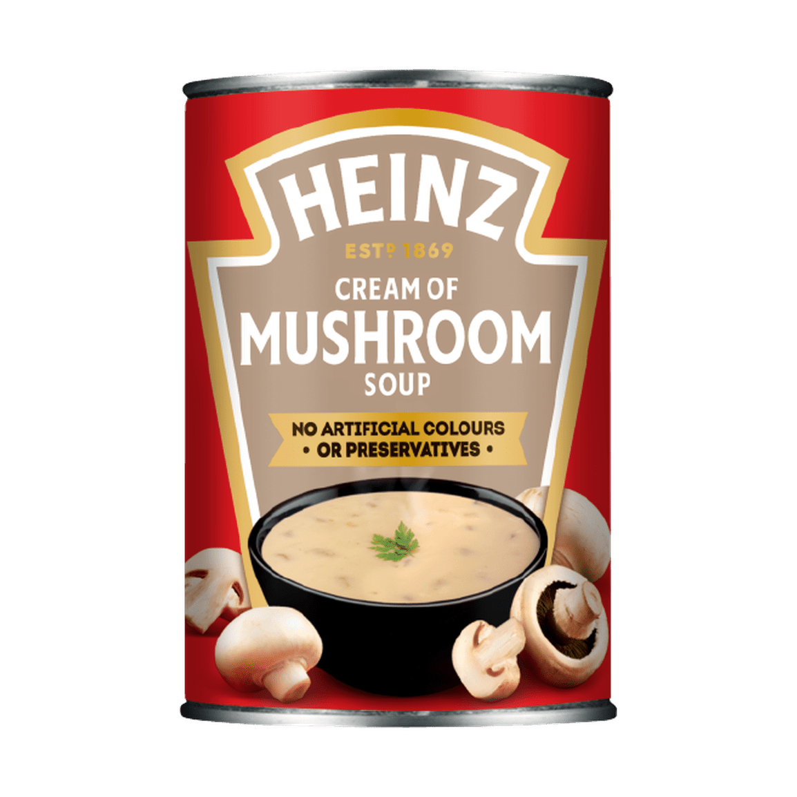 Une boite de conserve rouge sur fond blanc avec un bol de soupe couleur crème