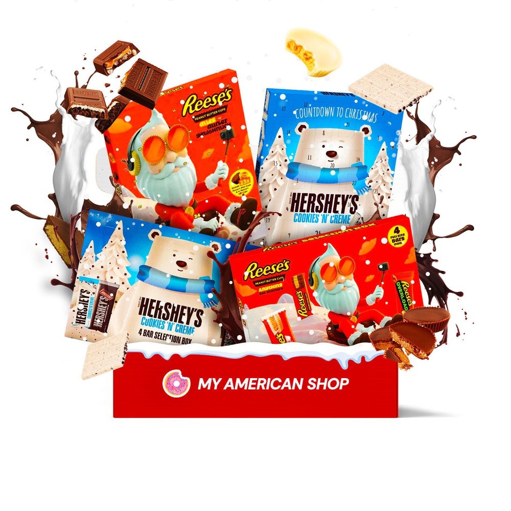 Un carton rectangulaire rouge contenant 4 calendriers de l’avent, 2 Hershey’s et 2 Reese’s. Tout autour, des éclaboussures de chocolat et de lait avec des barres chocolatées