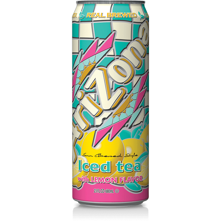 Une grande canette à carreaux bleu et beige sur fond blanc et en bas plusieurs citrons. Au centre il est écrit « AriZona » avec de part et d’autre des motifs rose et bleu
