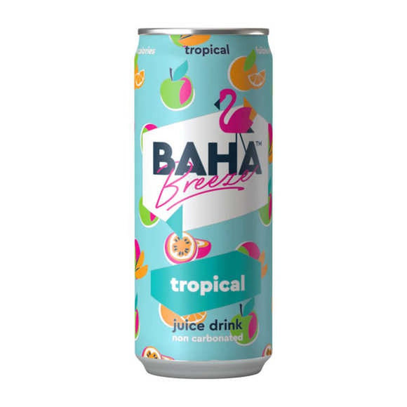 Un canette bleu ciel sur fond blanc avec des motifs colorés de pommes, kiwi, et orange. Sur le coté droit du logo Baha, un dessin de cygne rose