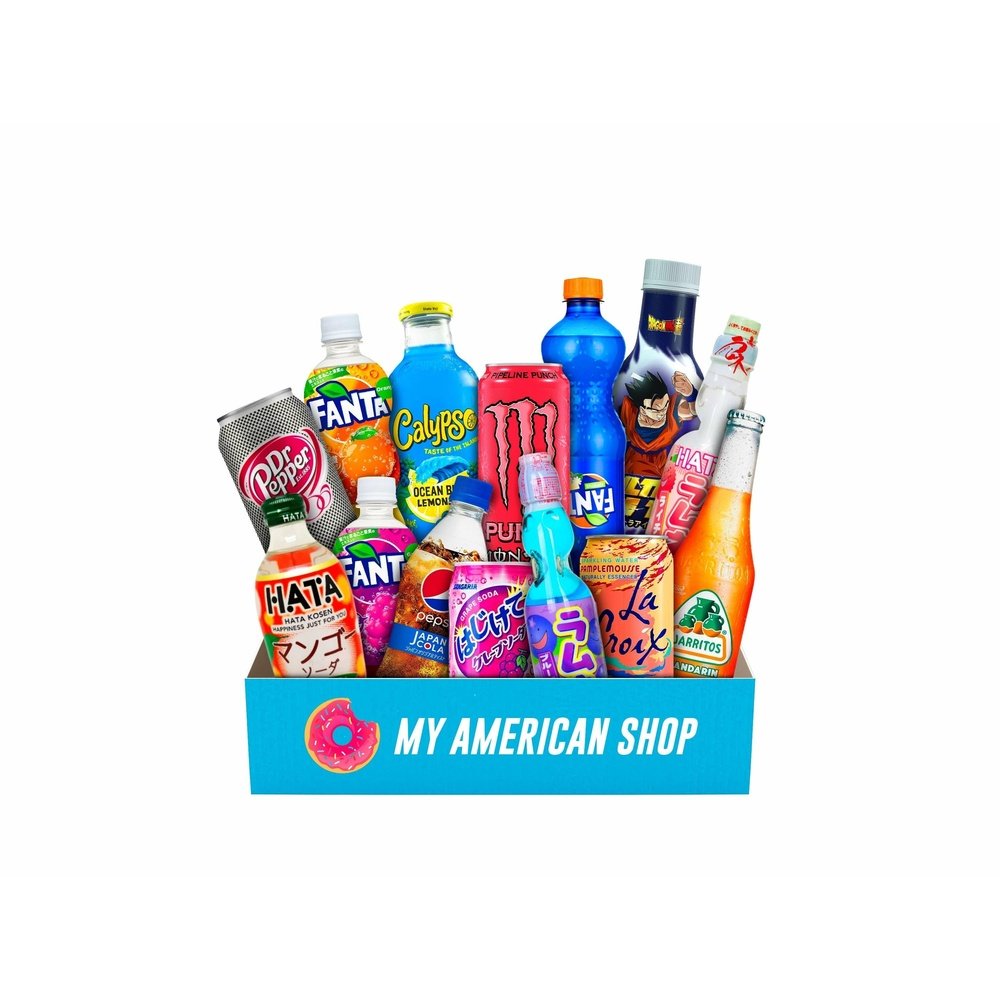 Un carton rectangulaire bleu contenant plein de boissons comme un Calypso bleu, un Monster rose, un Fanta rose etc… Le tout sur fond blanc