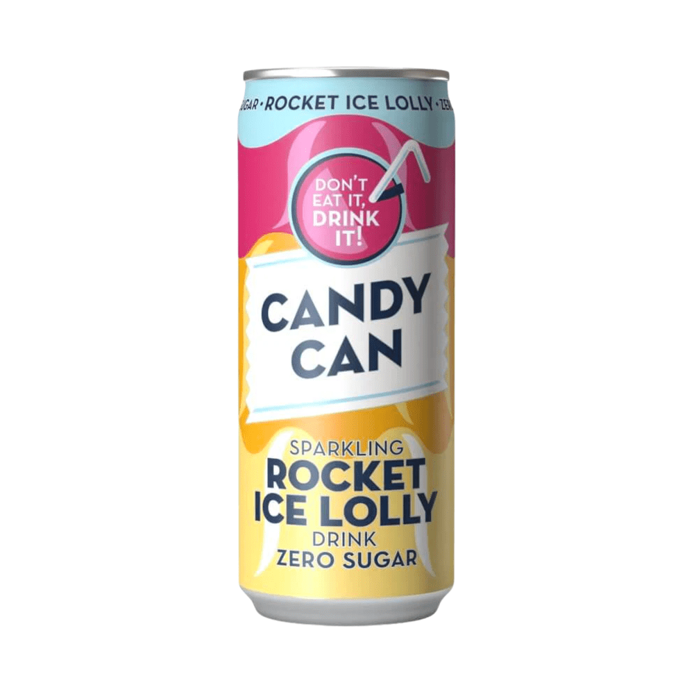 Une longue canette avec des motifs rose, jaune et bleu, et un rond rose avec une paille blanche qui en ressort. Le tout sur fond blanc