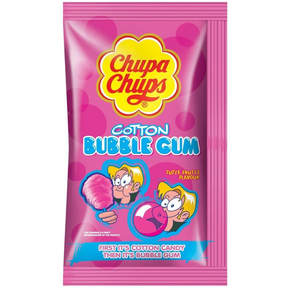 Un emballage rose sur fond blanc avec 1 bonhomme blond qui mange une barbe à papa et puis ça devient un chewing gum et il fait une bulle