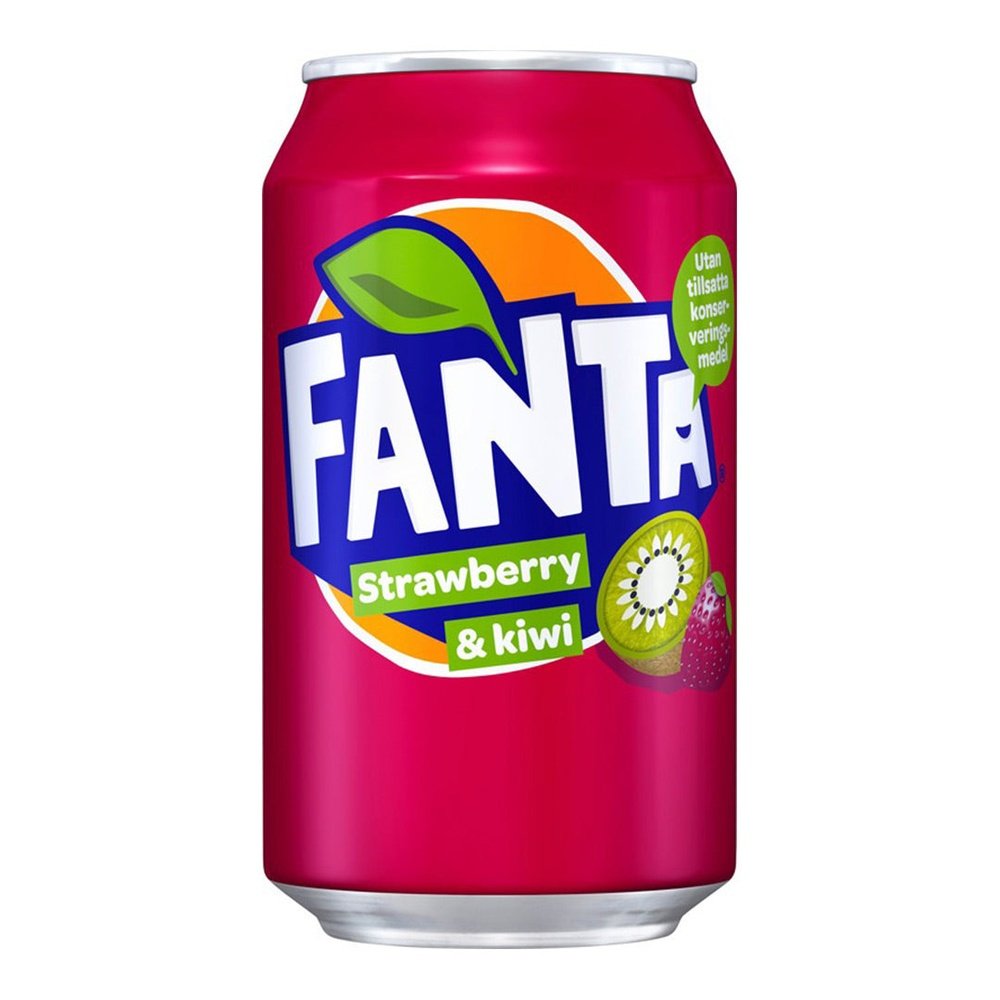 Une canette rouge sur fond blanc avec le logo Fanta et à droite une fraise et un demi kiwi