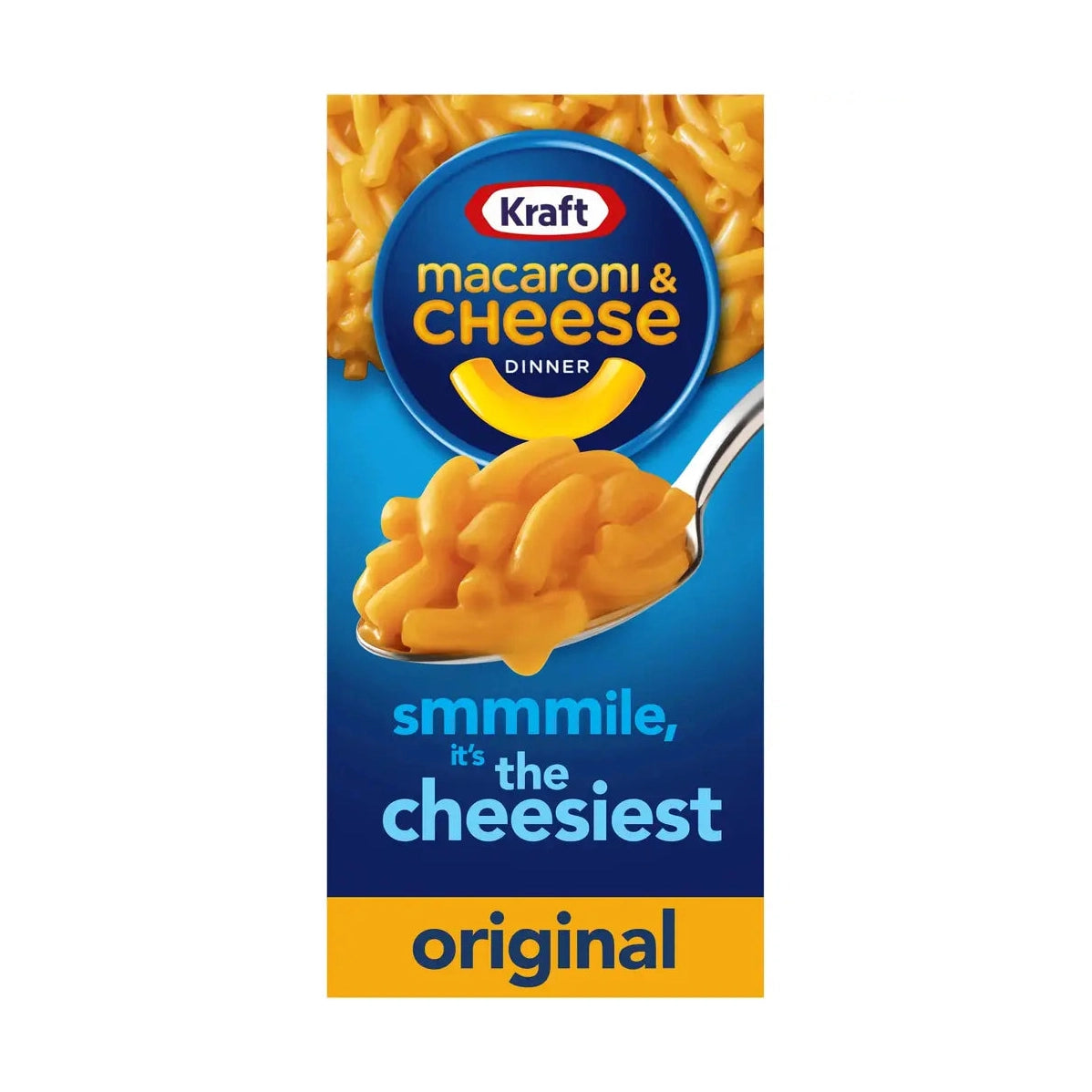 Un paquet bleu sur fond blanc avec au-dessus des Mac&cheese et sur le devant un cuillère de Mac&cheese, en bas il est écrit « original » en jaune