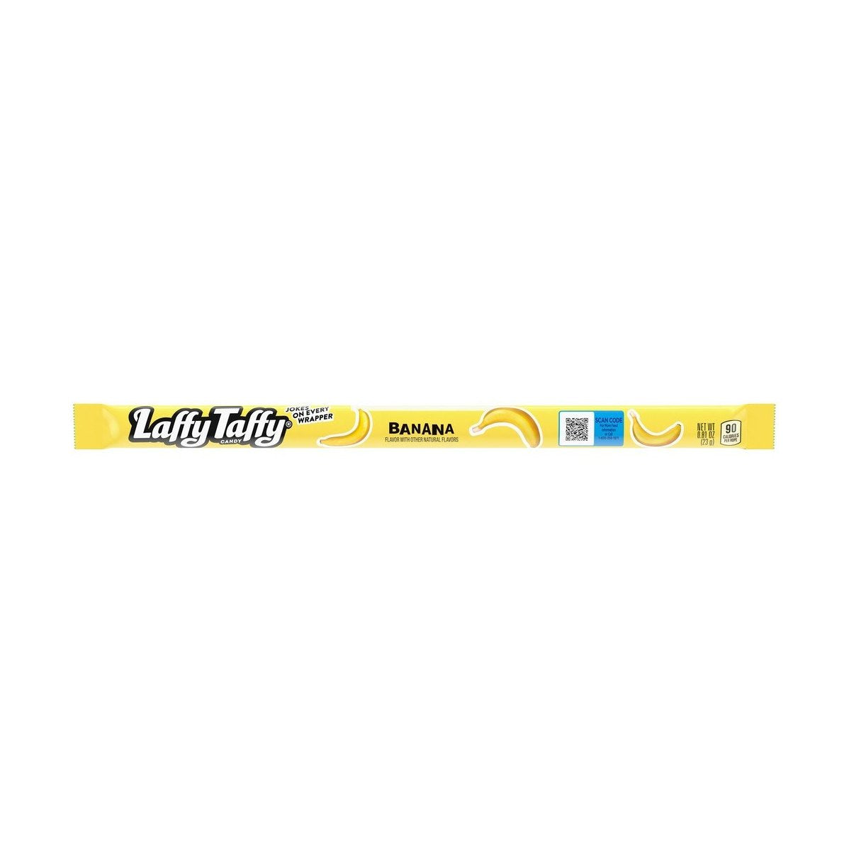 Un emballage jaune en forme de long bâtonnet avec 3 bananes, le tout sur fond blanc