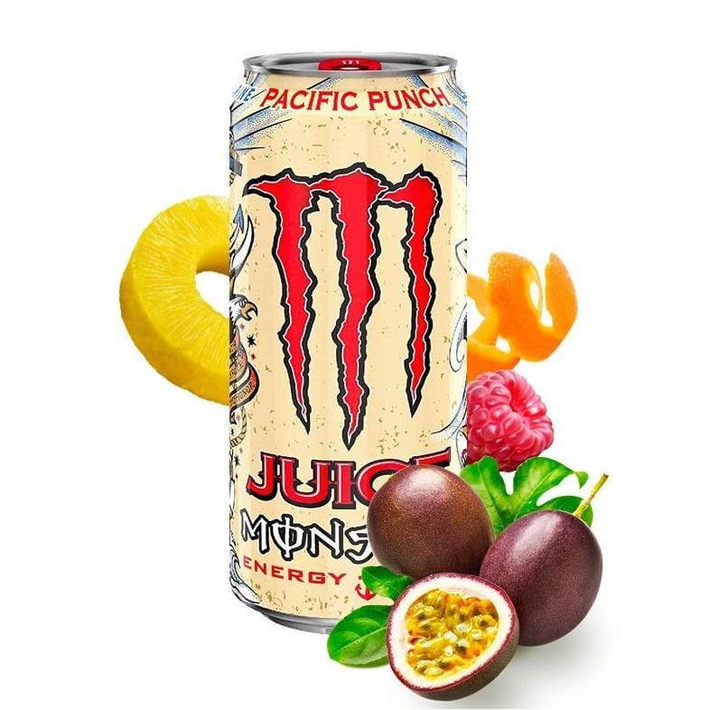 Une canette beige sur fond blanc avec au centre le logo rouge de Monster, un grand M. Sur le côté il y a des fruits : ananas, framboise, fruit de la passion