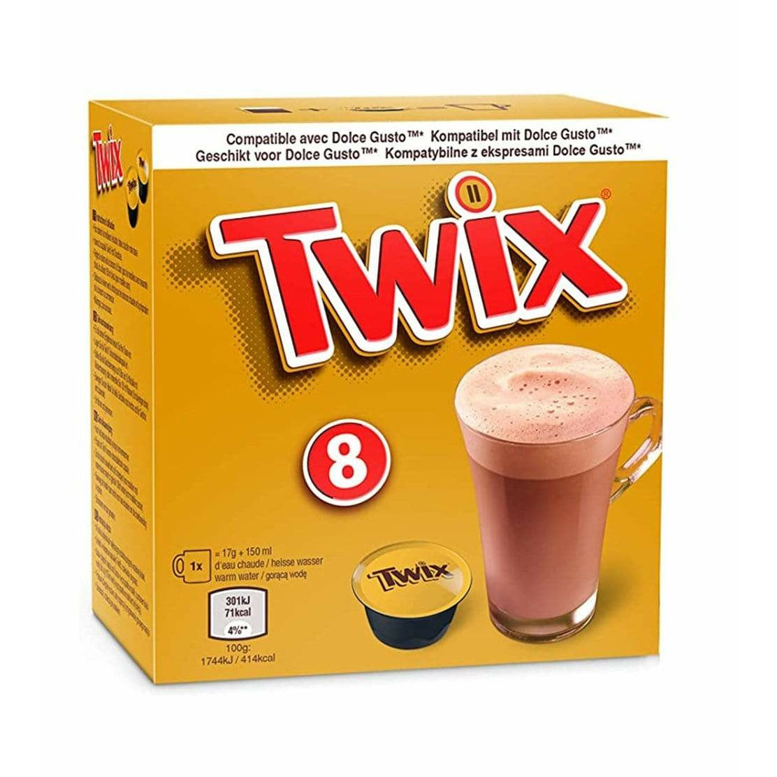 Un carton doré sur fond blanc avec écrit en grand « Twix » en rouge. Sur le devant, il y a une capsule Twix noir et doré et à droite une grande tasse transparente avec du chocolat chaud 