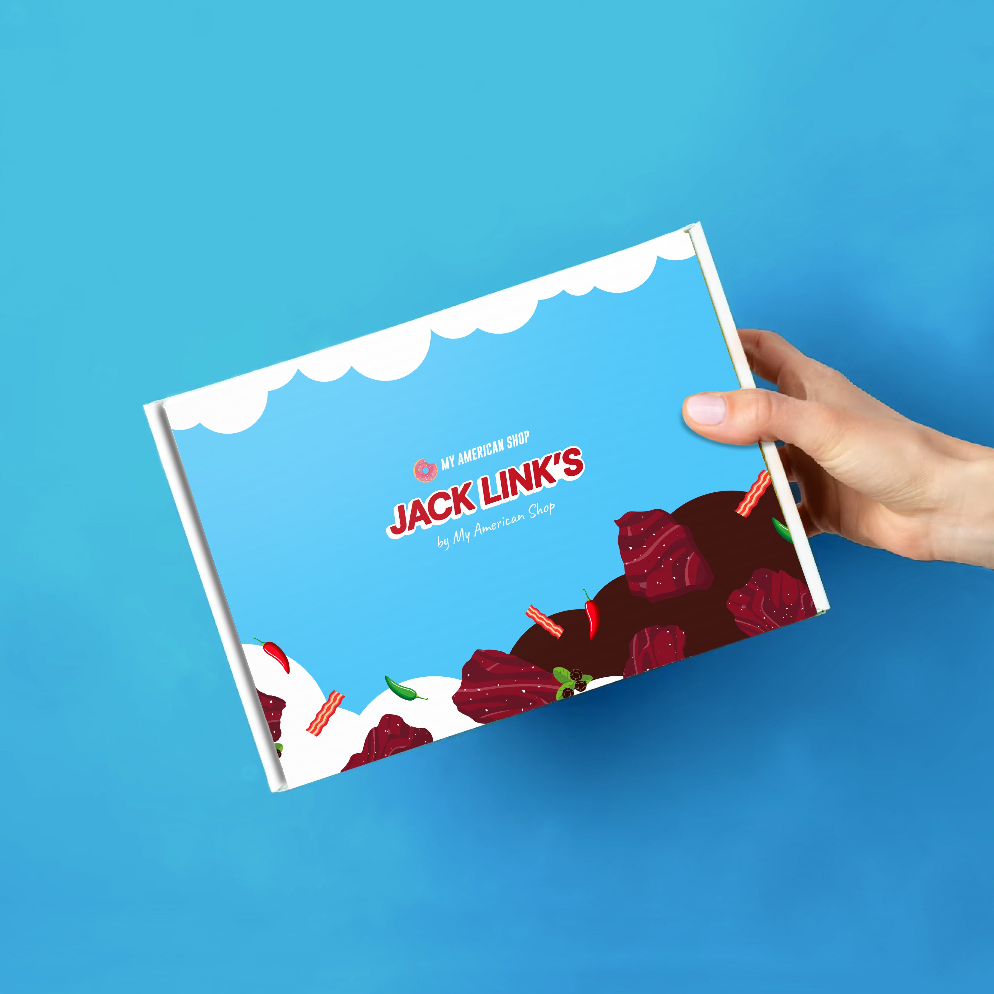 Un carton bleu et blanc avec des dessins de morceaux de viande, le tout sur fond bleu