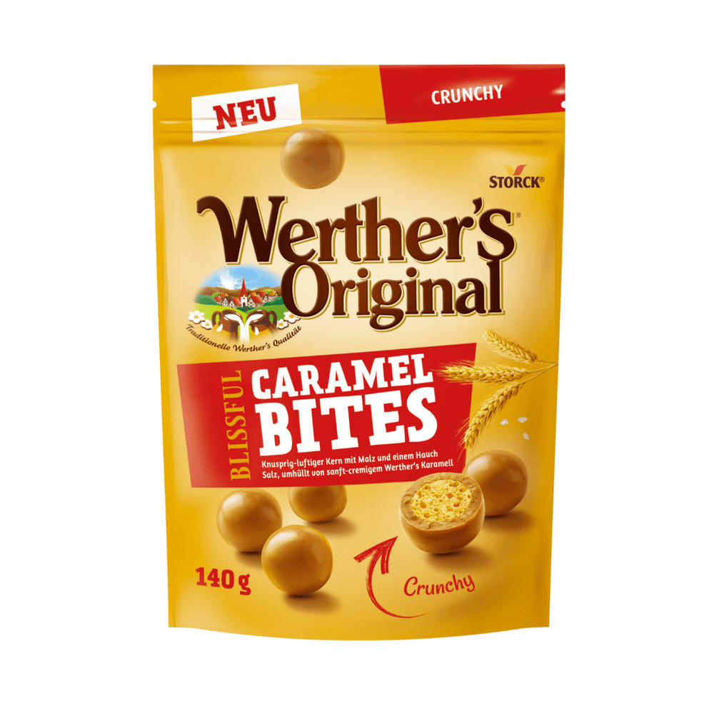 Un emballage brun avec des petites boules brunes, 3 épies de blé et un encadré rouge avec écrit « Caramel Bites », le tout sur fond blanc