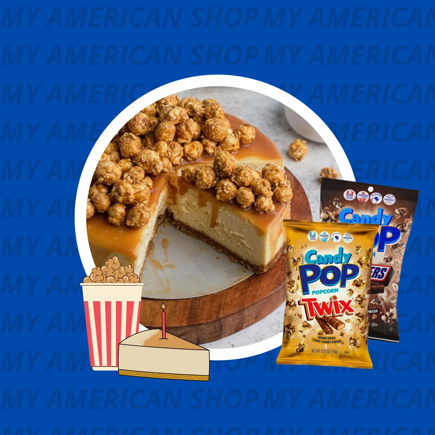 Un cheesecake avec plein de popcorn sur le dessus, le tout sur une planche en bois. Il est dans un rond qui est sur un fond bleu. Devant 2 paquets de popcorns Candy Pop