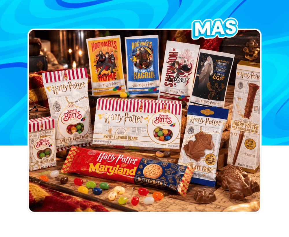 Bonbons Harry Potter Jelly Belly, Dragées Surprises de Bertie Crochue, Chocogrenouille, baguette en chocolat et cookies Butterbeer sur une table dans une ambiance magique inspirée de Poudlard.
