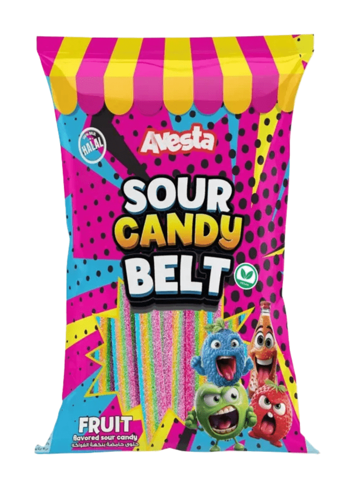 Avesta Sour Belt Fruit, lanières acidulées mix de fruits américaines plates et colorées avec coating sour, bonbon importé