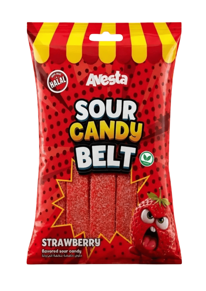 Avesta Sour Belt Strawberry Fruit, lanière acidulée fraise américaine plate et souple avec coating sour, bonbon importé