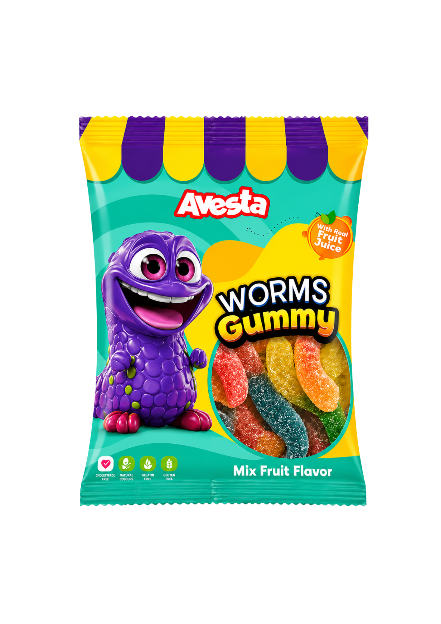 Avesta Worms Gummy Mixed Fruits, vers gélifiés fruités colorés mix de saveurs, bonbons gummy multicolores