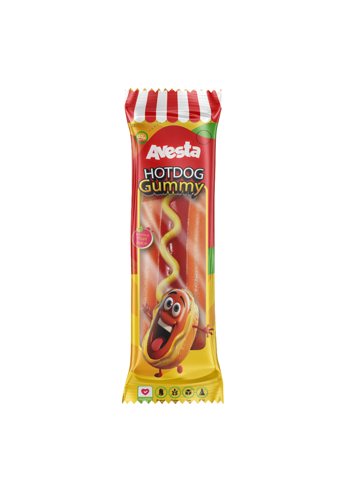 Avesta Hotdog Gummy, bonbon américain en forme de hot-dog miniature aux saveurs fruitées, texture gummy moelleuse