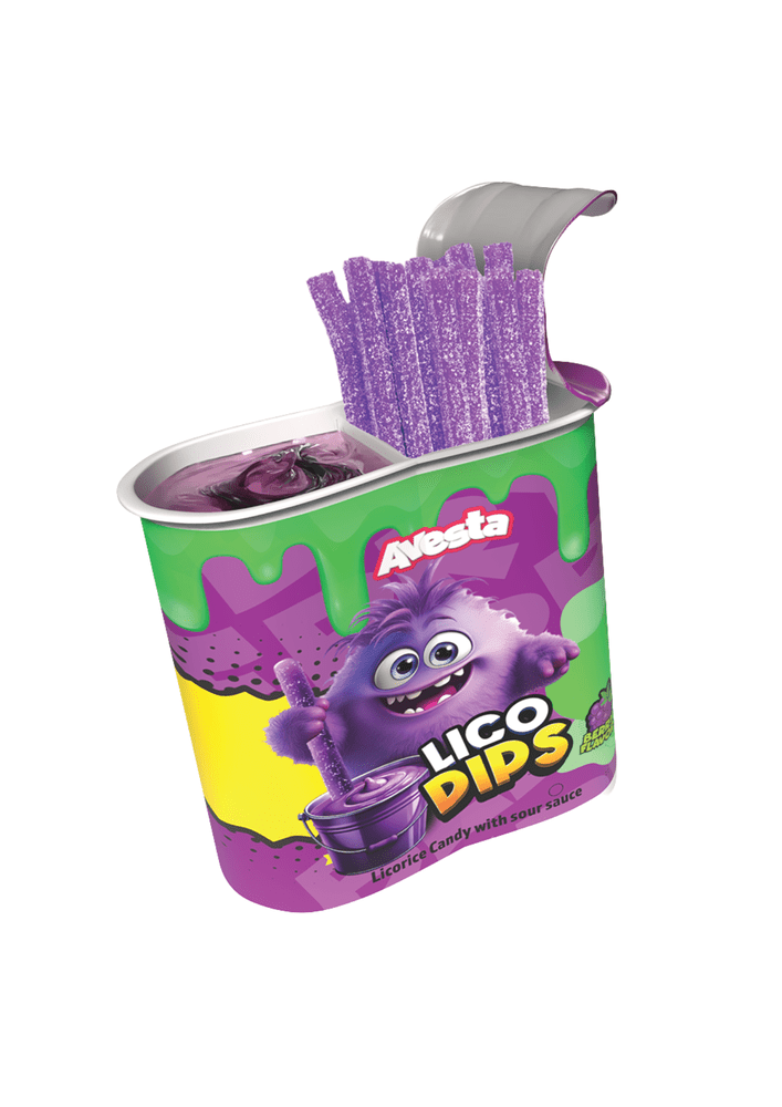 Avesta Lico Dips Berry, bonbon réglisse fruits rouges avec sirop berry concentré à tremper, format dip candy américain