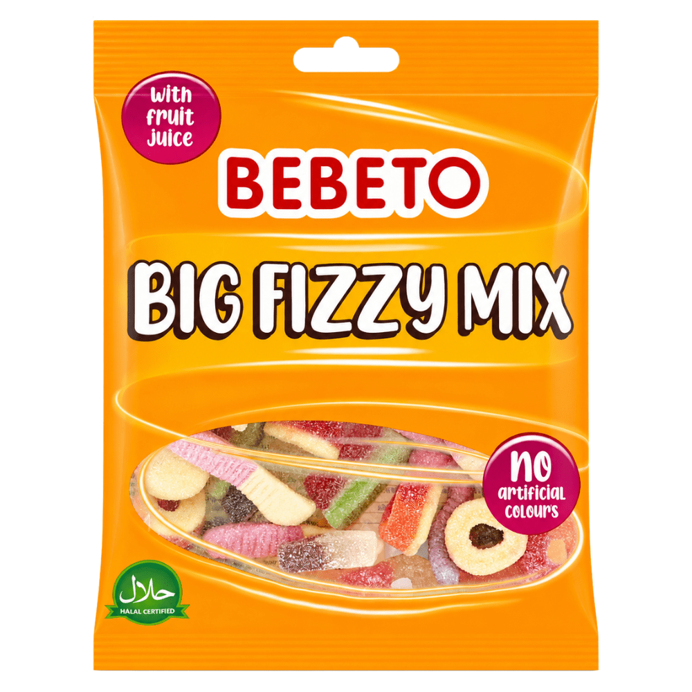 Bebeto Big Fizzy Mix, bonbons gélifiés fruités et cola très acidulés